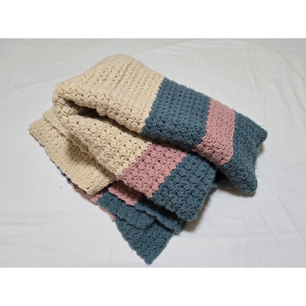 Handmade Crochet Blanket Cream Pink Teal Stripes Throw Afghan‎ /0184